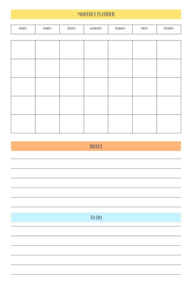 monthly personal planner diary template in classic strict style with multicolor elements. Monthly calendar individual schedule minimalism restrained design for business notebook. Week starts on sunday vector