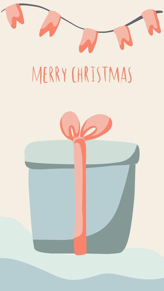 christmas greeting card cute hand drawn style and trendy matching pastel colors. christmas tree and snowman with gift box on snowdrift with garland and snow flakes vector