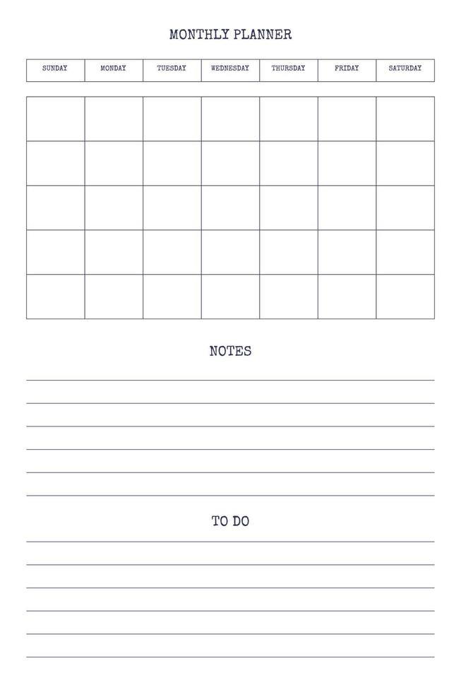 monthly personal planner diary template with type written font. Monthly calendar individual schedule minimalism restrained design for business notebook. Week starts on sunday vector