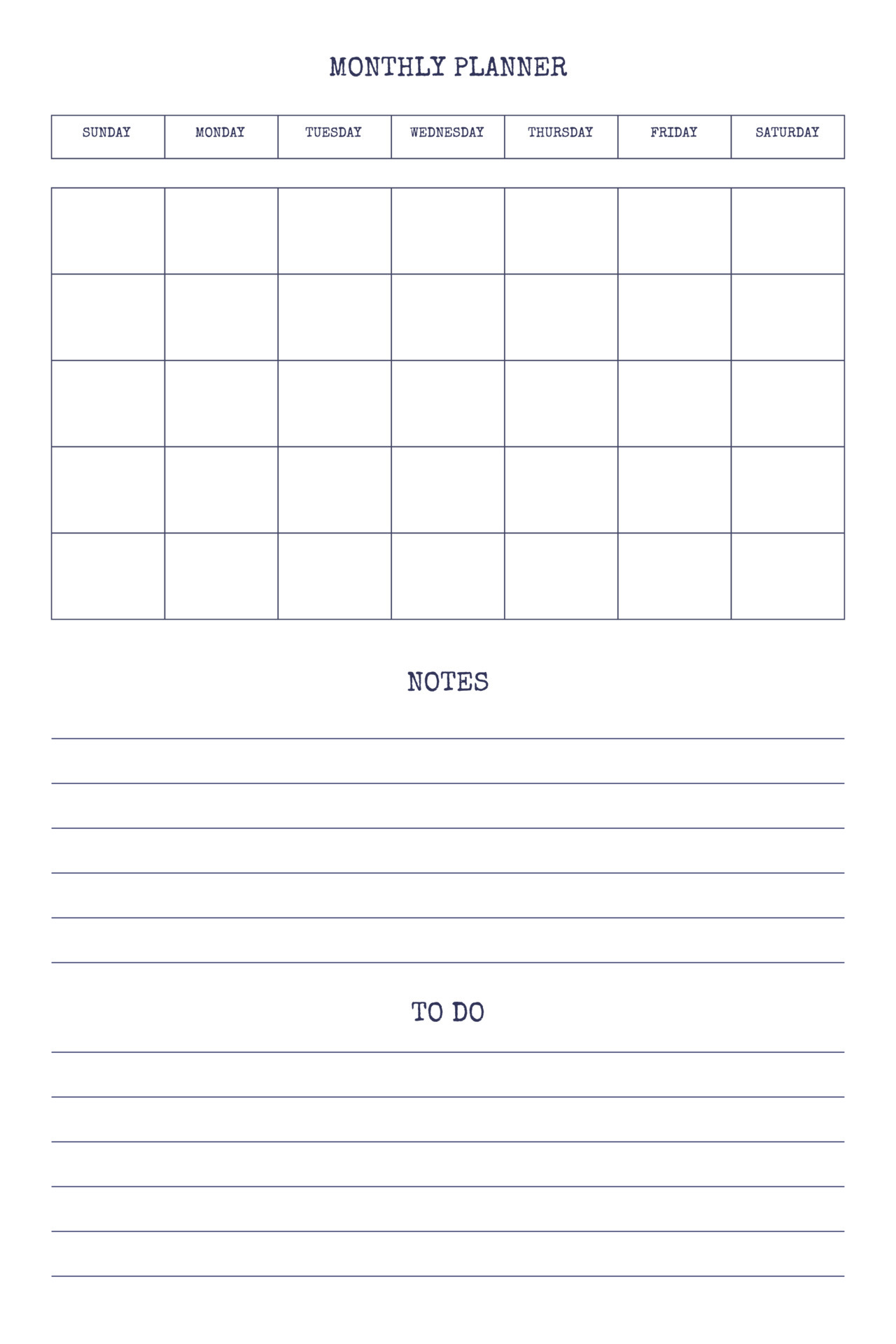 monthly personal planner diary template with type written font Monthly