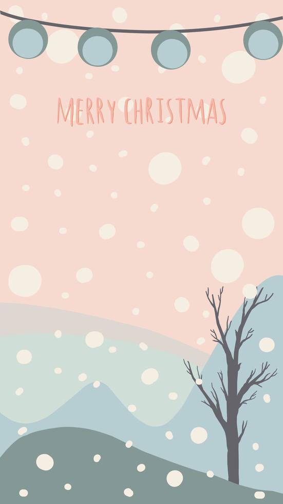 christmas greeting card cute hand drawn style and trendy matching pastel colors. christmas tree and snowman with gift box on snowdrift with garland and snow flakes vector