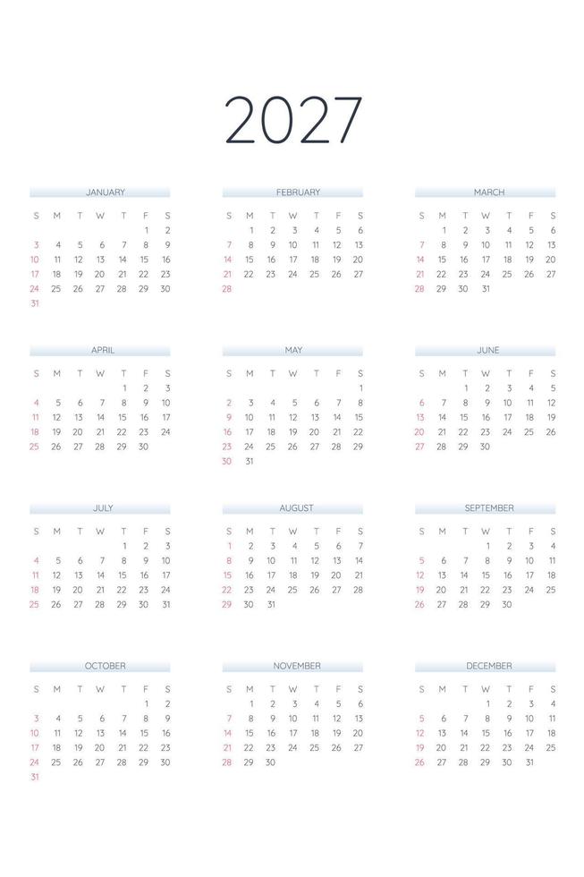 2027 calendar template in classic strict style. Monthly calendar individual schedule minimalism restrained design for business notebook. Week starts on sunday vector