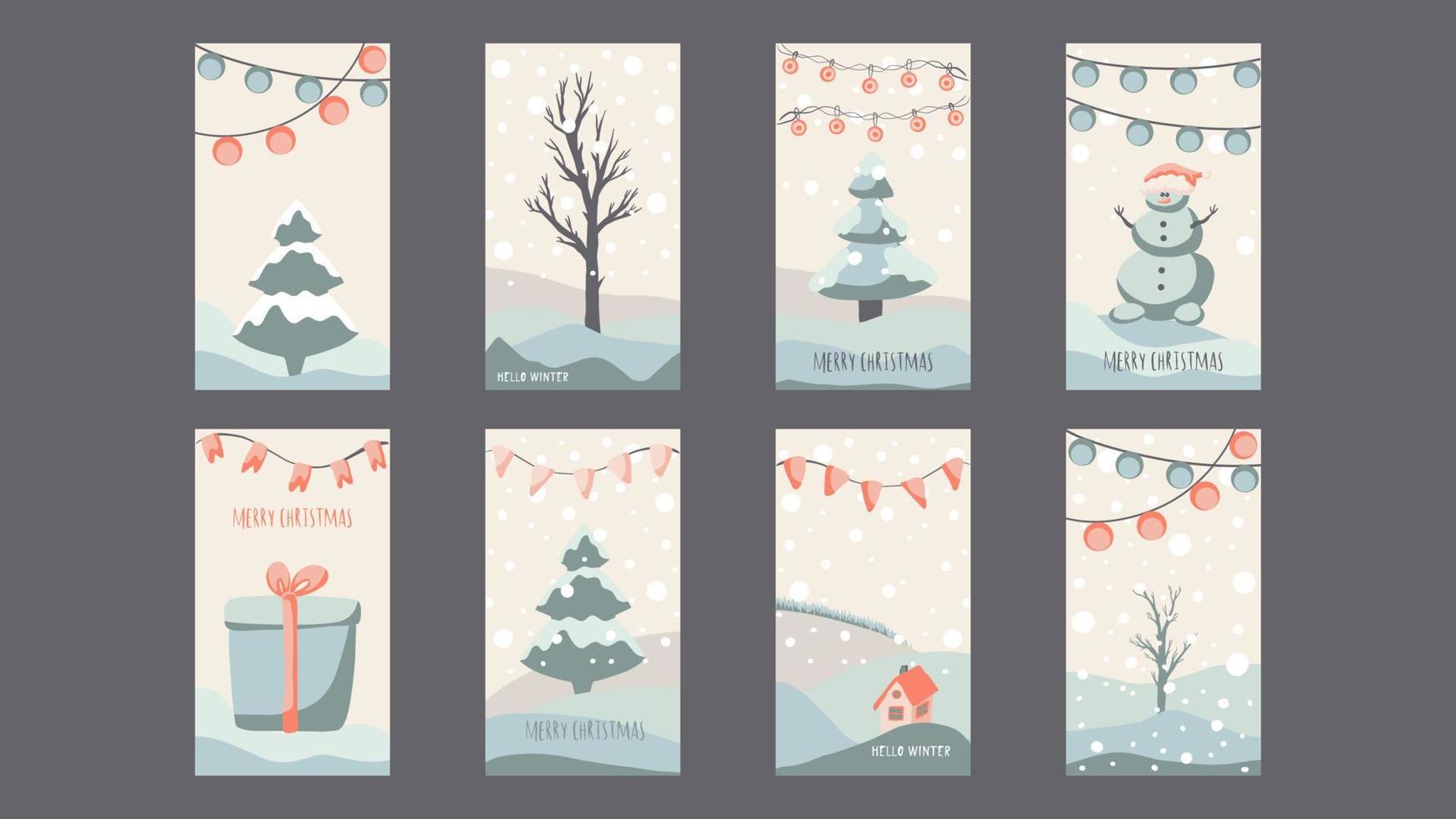 christmas greeting card cute hand drawn style and trendy matching pastel colors. christmas tree and snowman with gift box on snowdrift with garland and snow flakes vector