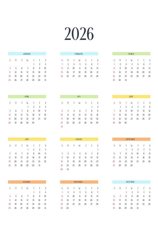2026 calendar template in classic strict style with multicolor elements