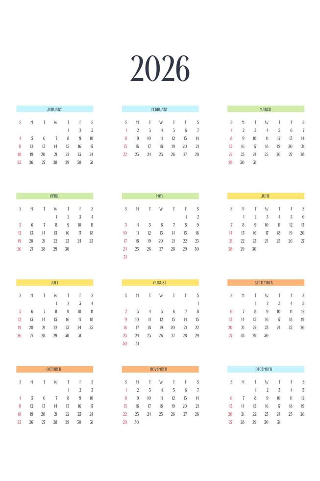 Plantilla de calendario 2026 en estilo estricto clásico con elementos multicolores. Calendario Mensual Calendario Individual Minimalismo Diseño Restringido Para Cuaderno De Negocios. la semana comienza el domingo vector