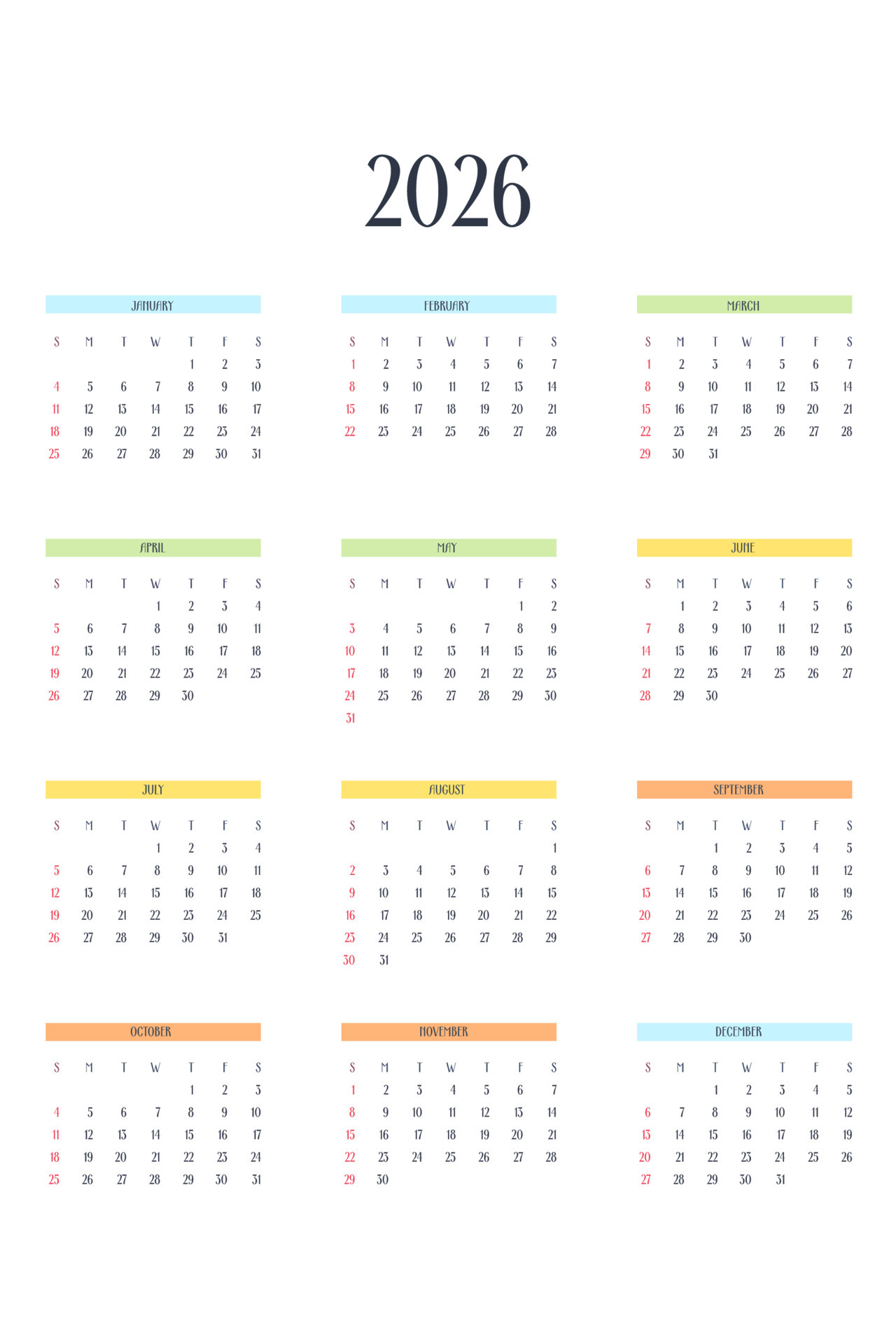 2026 calendar template in classic strict style with multicolor elements