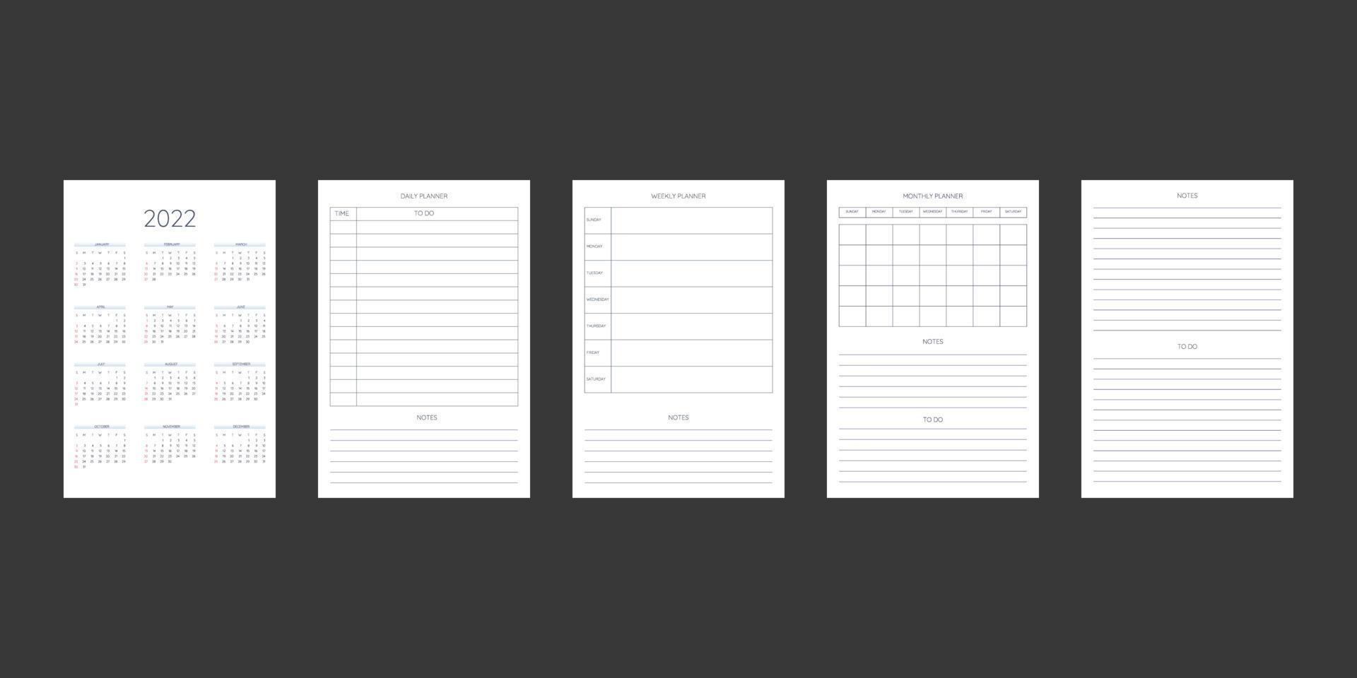 2022 calendar and daily weekly monthly planner diary template in classic strict style. Monthly calendar individual schedule minimalism restrained design for business notebook. Week starts on sunday vector