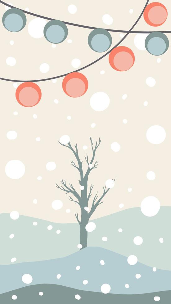 tarjeta de felicitación navideña estilo lindo dibujado a mano y colores pastel a juego de moda. árbol de navidad y muñeco de nieve con caja de regalo en ventisquero con guirnaldas y copos de nieve vector