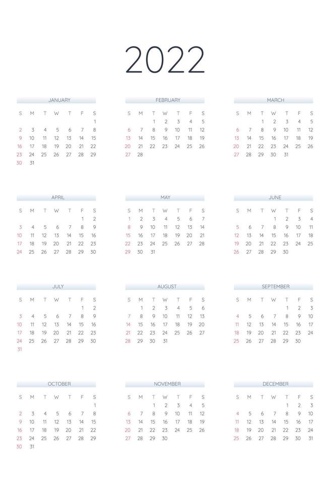 2022 calendar template in classic strict style. Monthly calendar individual schedule minimalism restrained design for business notebook. Week starts on sunday vector