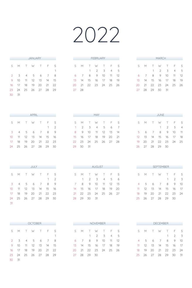 Plantilla de calendario 2022 en estilo estricto clásico. Calendario Mensual Calendario Individual Minimalismo Diseño Restringido Para Cuaderno De Negocios. la semana comienza el domingo vector