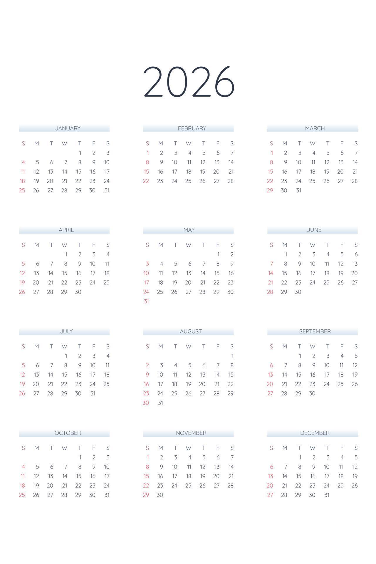 2026 calendar template in classic strict style. Monthly calendar