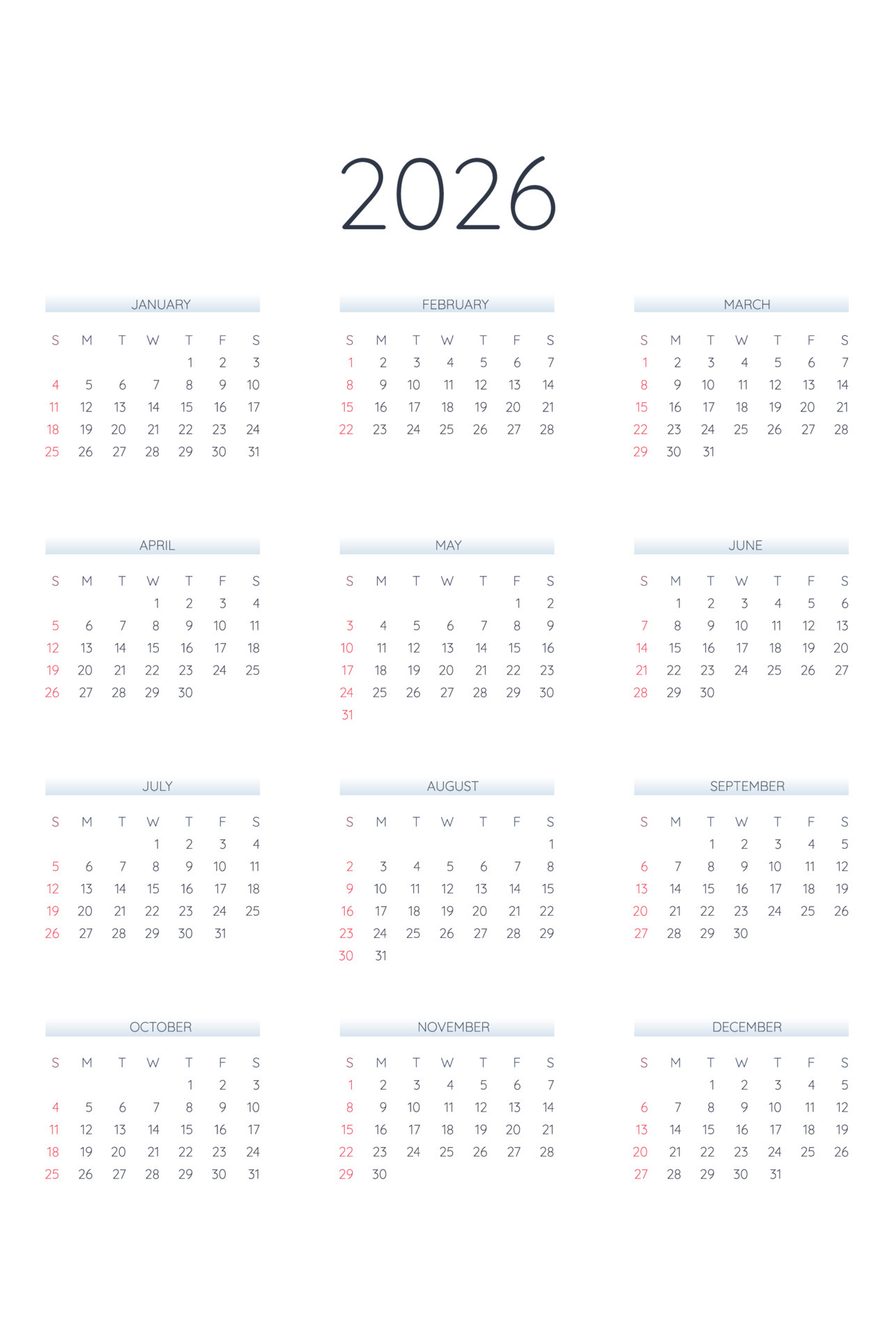 2026 calendar template in classic strict style. Monthly calendar