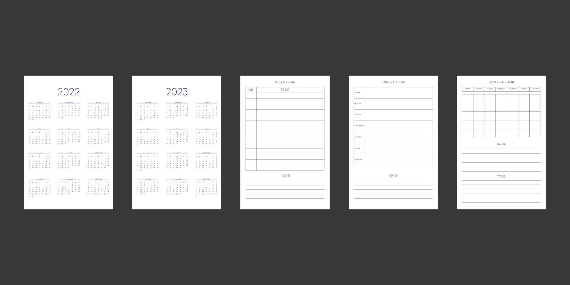 Calendario 2022 2023 y plantilla de diario de planificador personal mensual semanal diario en estilo estricto clásico. calendario mensual diseño minimalista de horario individual para cuaderno de negocios. la semana comienza el domingo vector