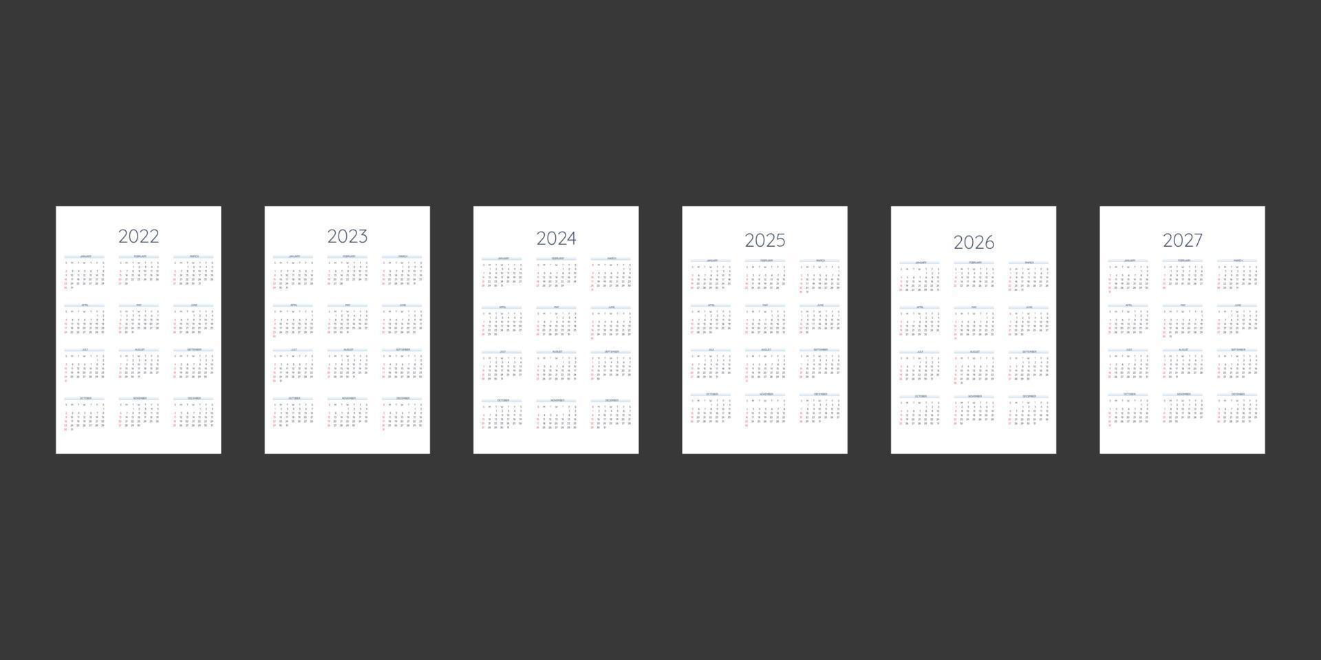 2022 2023 2024 2025 2026 2027 calendar template in classic strict style. Monthly calendar individual schedule minimalism restrained design for business notebook. Week starts on sunday vector