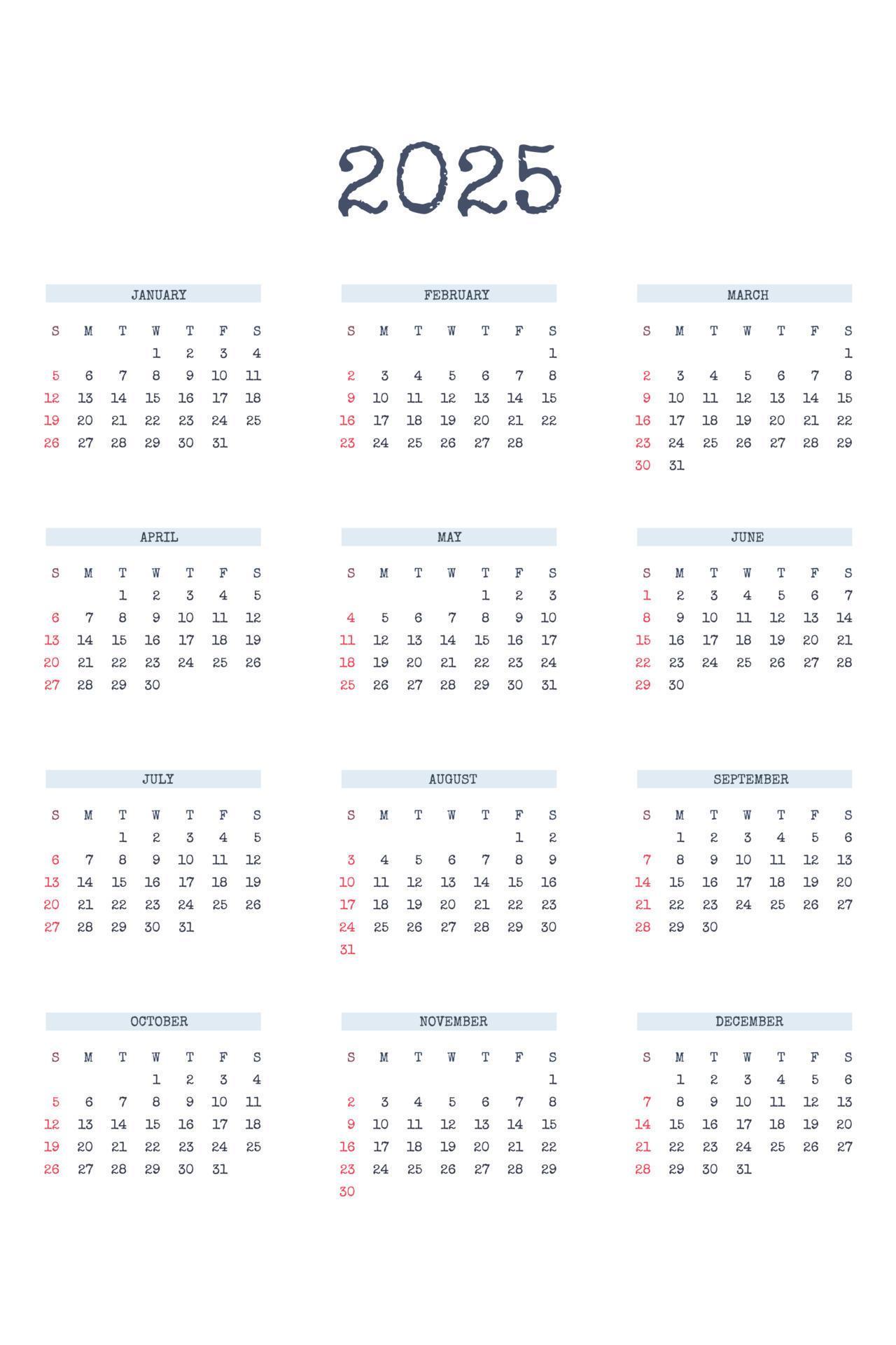 Plantilla de calendario 2025 en estilo clásico estricto con tipo de