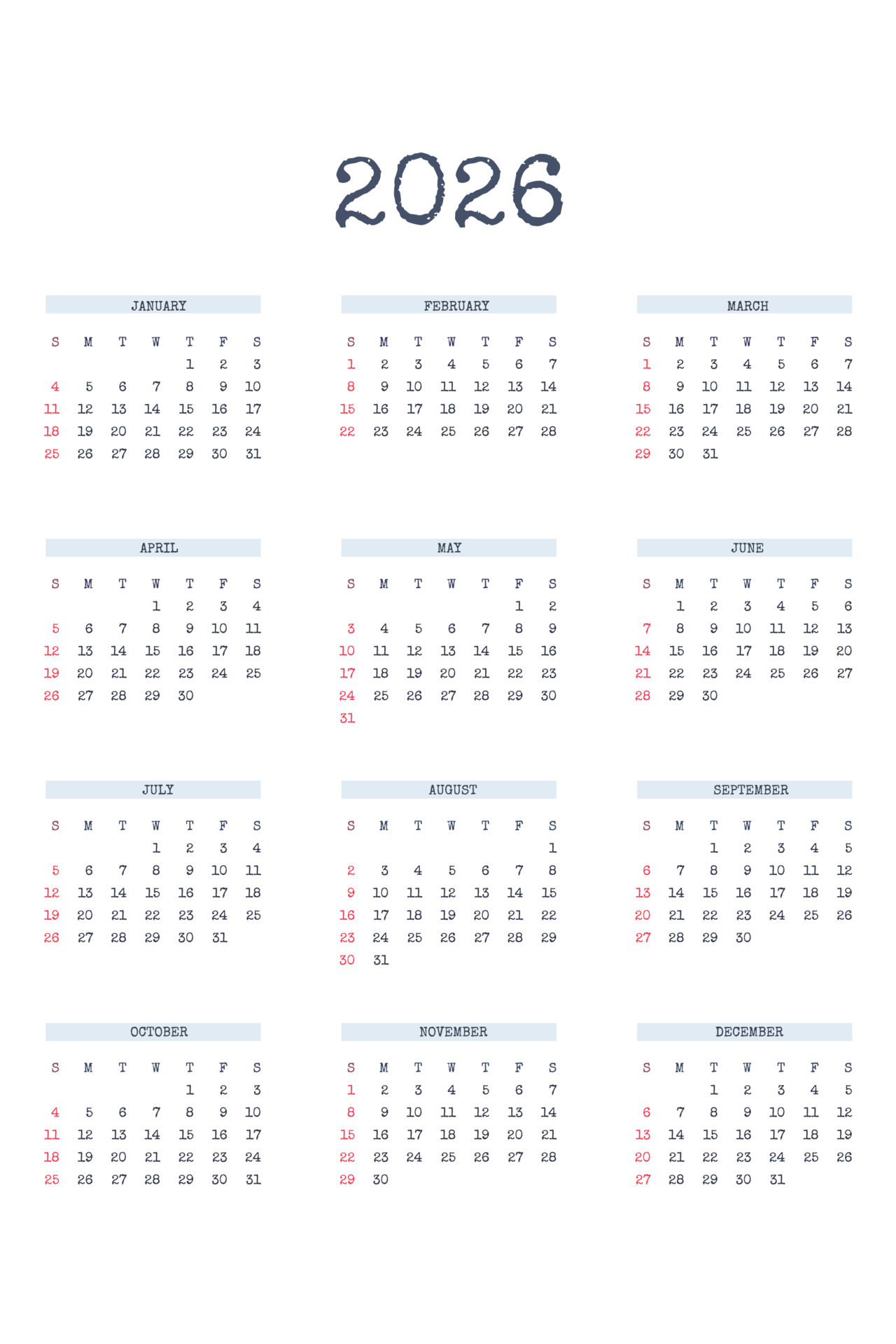 2026 calendar template in classic strict style with type written font 2026 calendar template in classic strict style with type written font