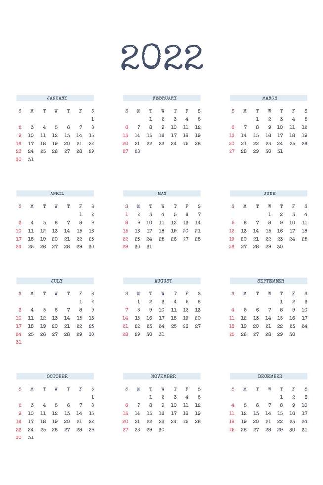 2022 calendar template in classic strict style with type written font. Monthly calendar individual schedule minimalism restrained design for business notebook. Week starts on sunday vector