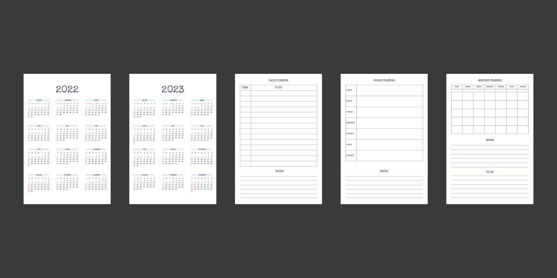 2022 2023 calendar daily weekly monthly planner diary template in classic strict style. Monthly calendar individual schedule minimalism restrained design for business notebook. Week starts on sunday vector