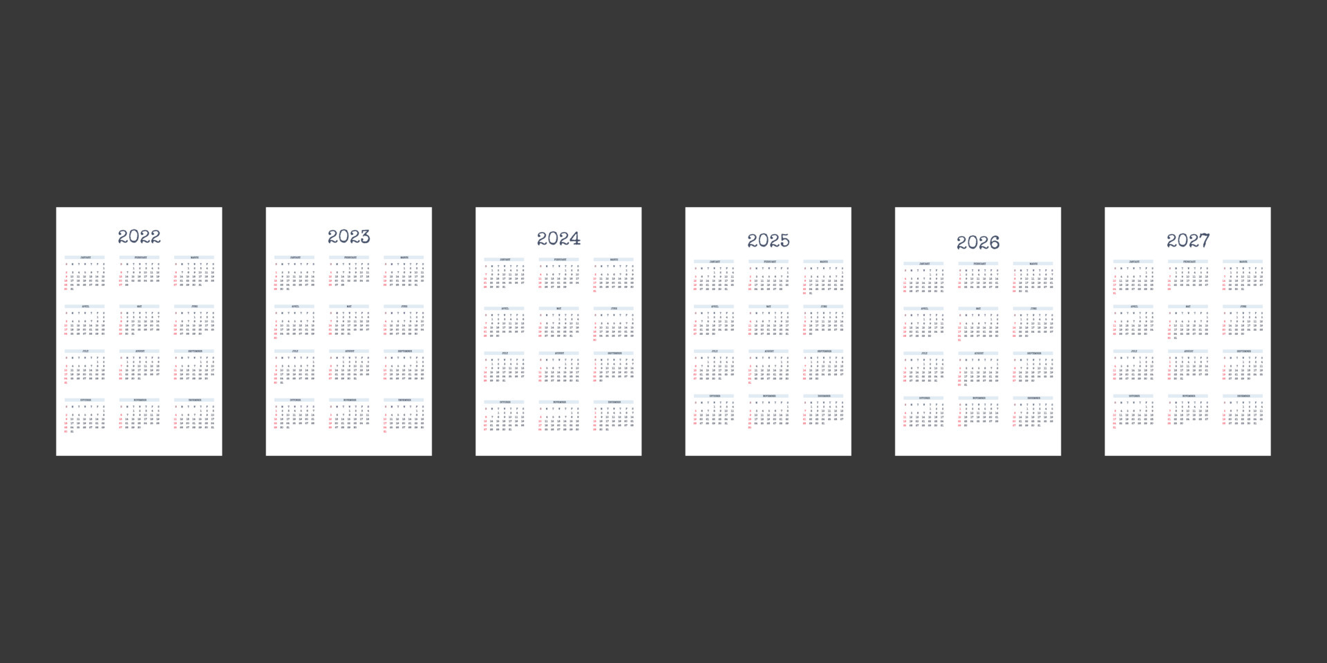 2022 2023 2024 2025 2026 2027 calendar template in classic strict style