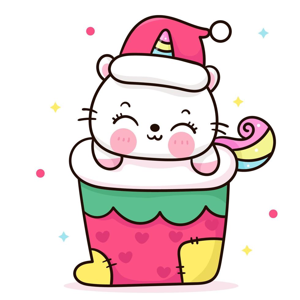 lindo unicornio gato dibujos animados usar gorro de santa con calcetín de navidad kawaii vector