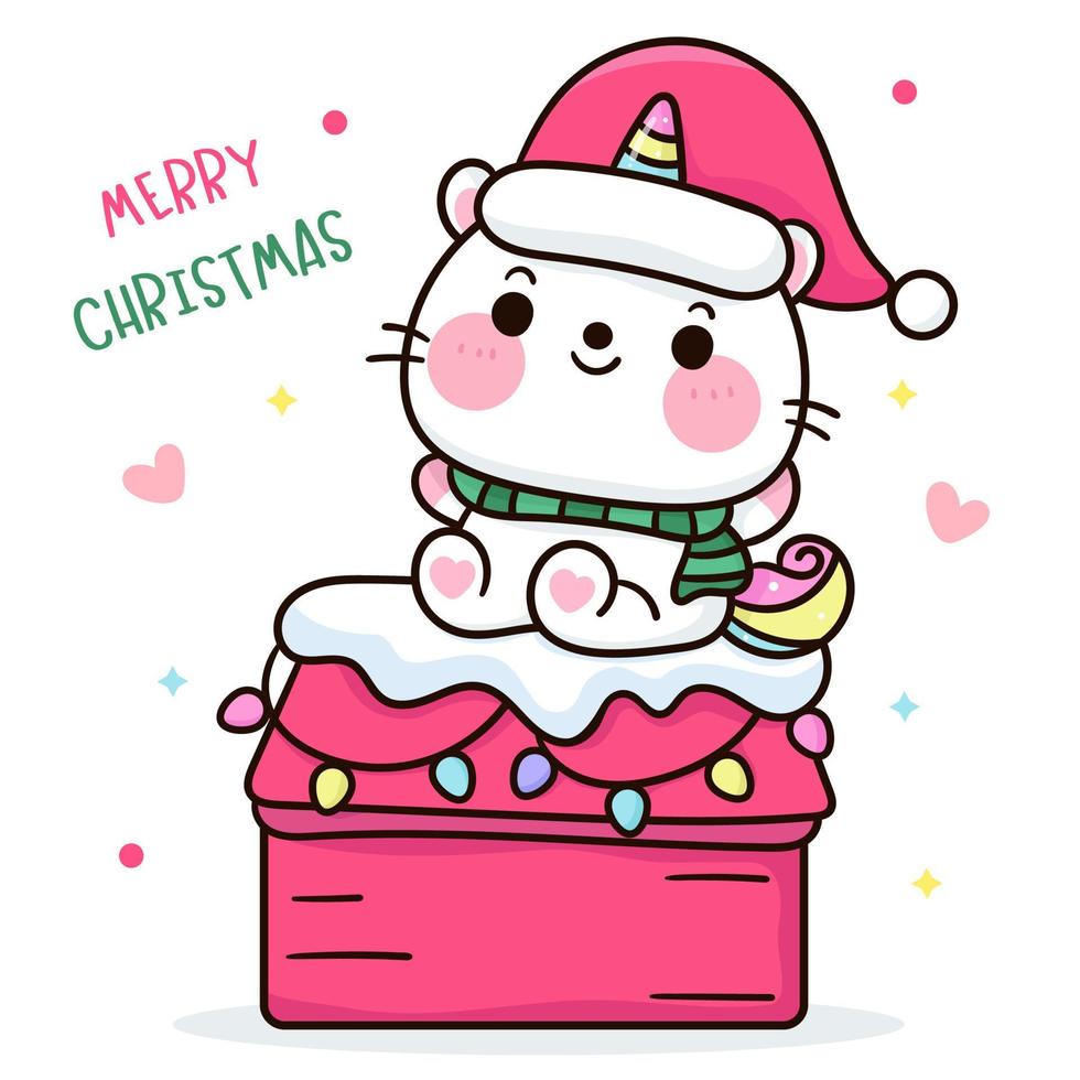 Cute unicorn cat wear santa hat kawaii cartoon vector