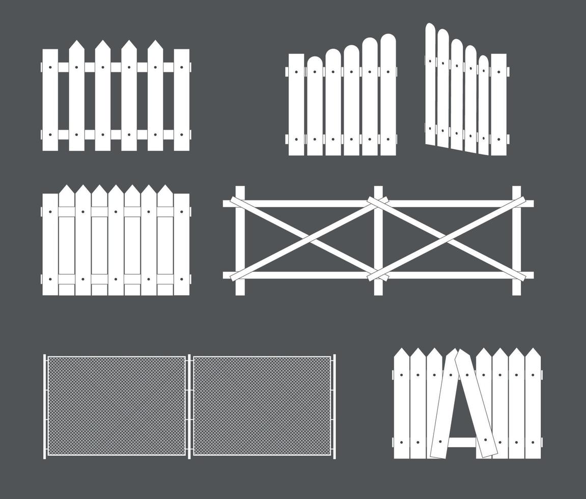 Silhouettes of various types of fence, gate of wood, metal. Vector Illustration