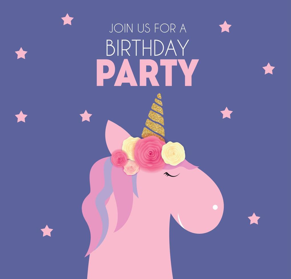 Birthday party invitation with cute unicorn and flower. Vector Illustration