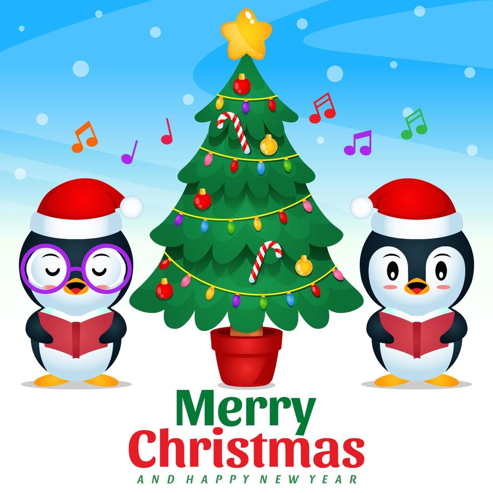 coro de navidad de pingüinos celebrando navidad y año nuevo vector