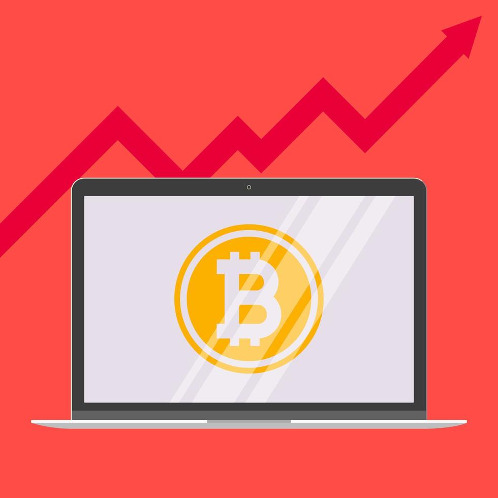 Dispositivo moderno: diseño plano de computadora portátil, computadora o netbook pc con símbolo de signo de bitcoin en la ilustración de vector de icono de pantalla. sin concepto de tecnología de teclado de error en la pantalla frente a flechas rojas hacia arriba.