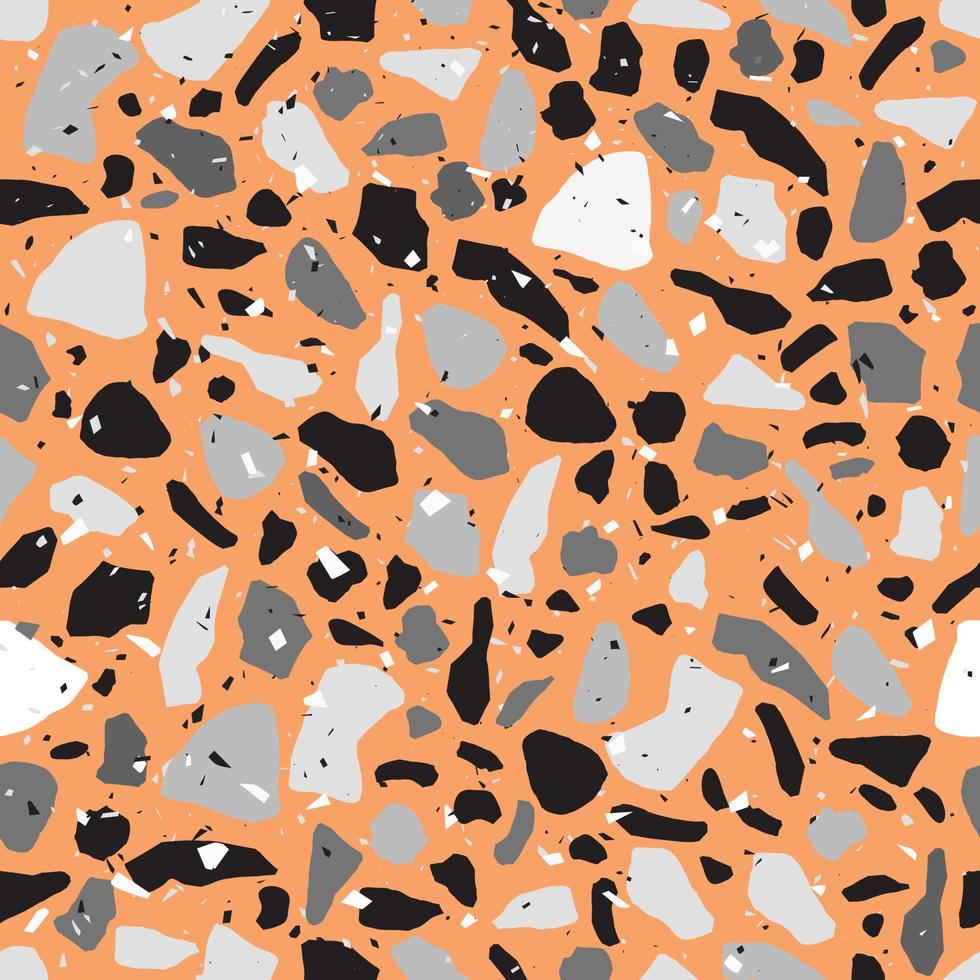 Terrazzo montley stones seamless pattern with colored rocks fractions vector illustration. Natural style mineral bacdrop textured composition. Natural granite, quartz, marble, glass and concrete.