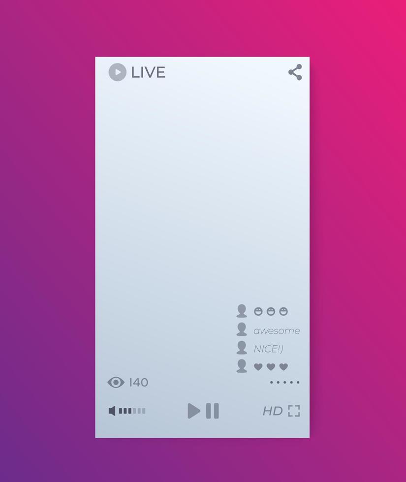 LIVE streaming video player interface, mobile app vector ui