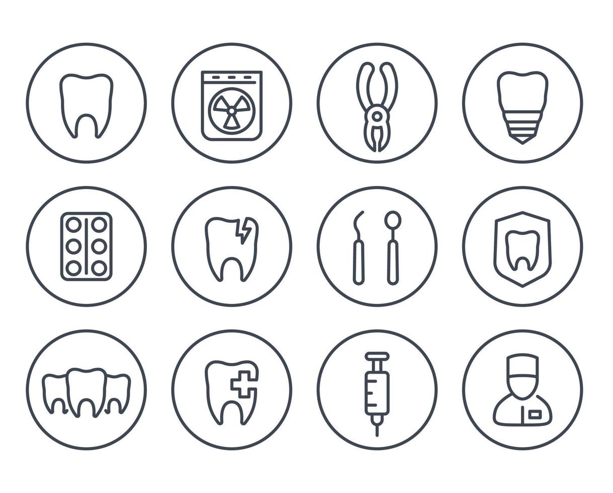 medicina oral, estomatología, cirugía dental, odontología, iconos de línea de dientes en blanco vector