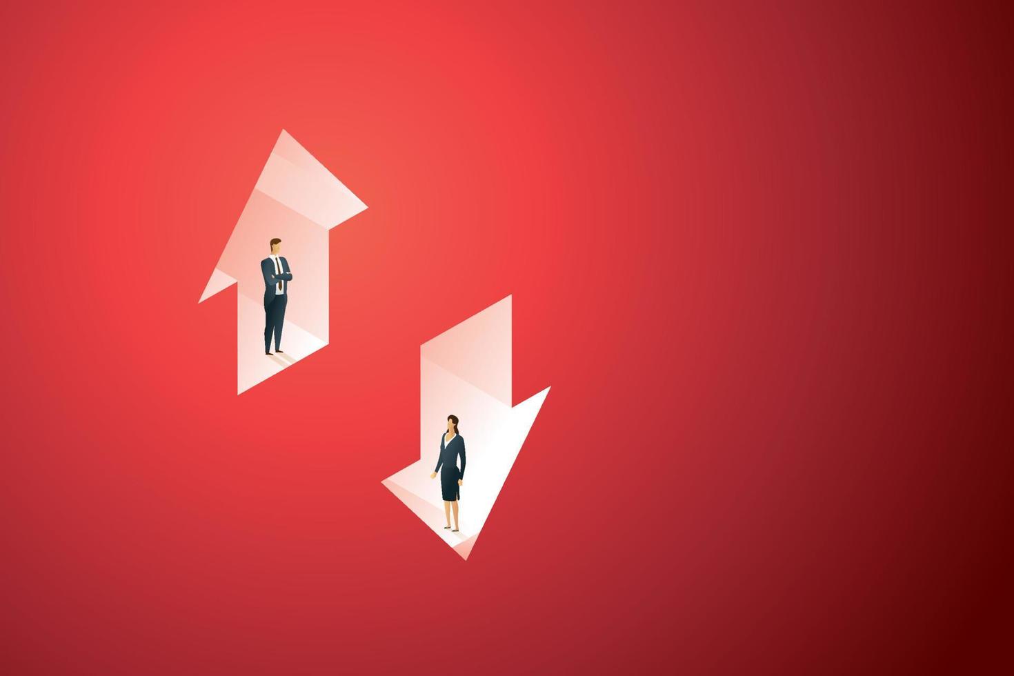 Businessman standing on up arrow businesswoman standing on down arrow. vector