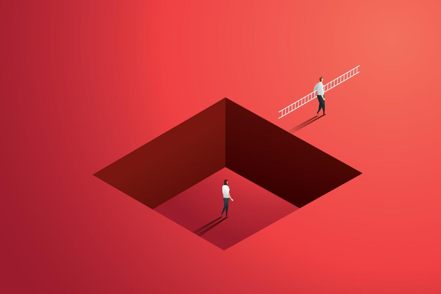 Businesswoman standing in hole and businessman holding ladder walking on top. vector