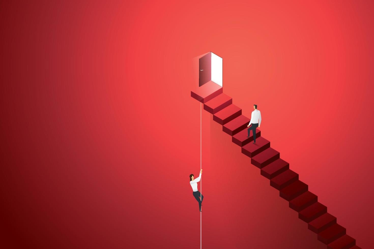 Businessman walking on stairs to the door businesswoman climbing with rope. vector