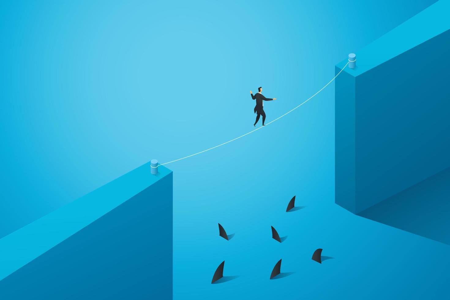 Businessman walks on rope between gaps above a group sharks in sea. vector