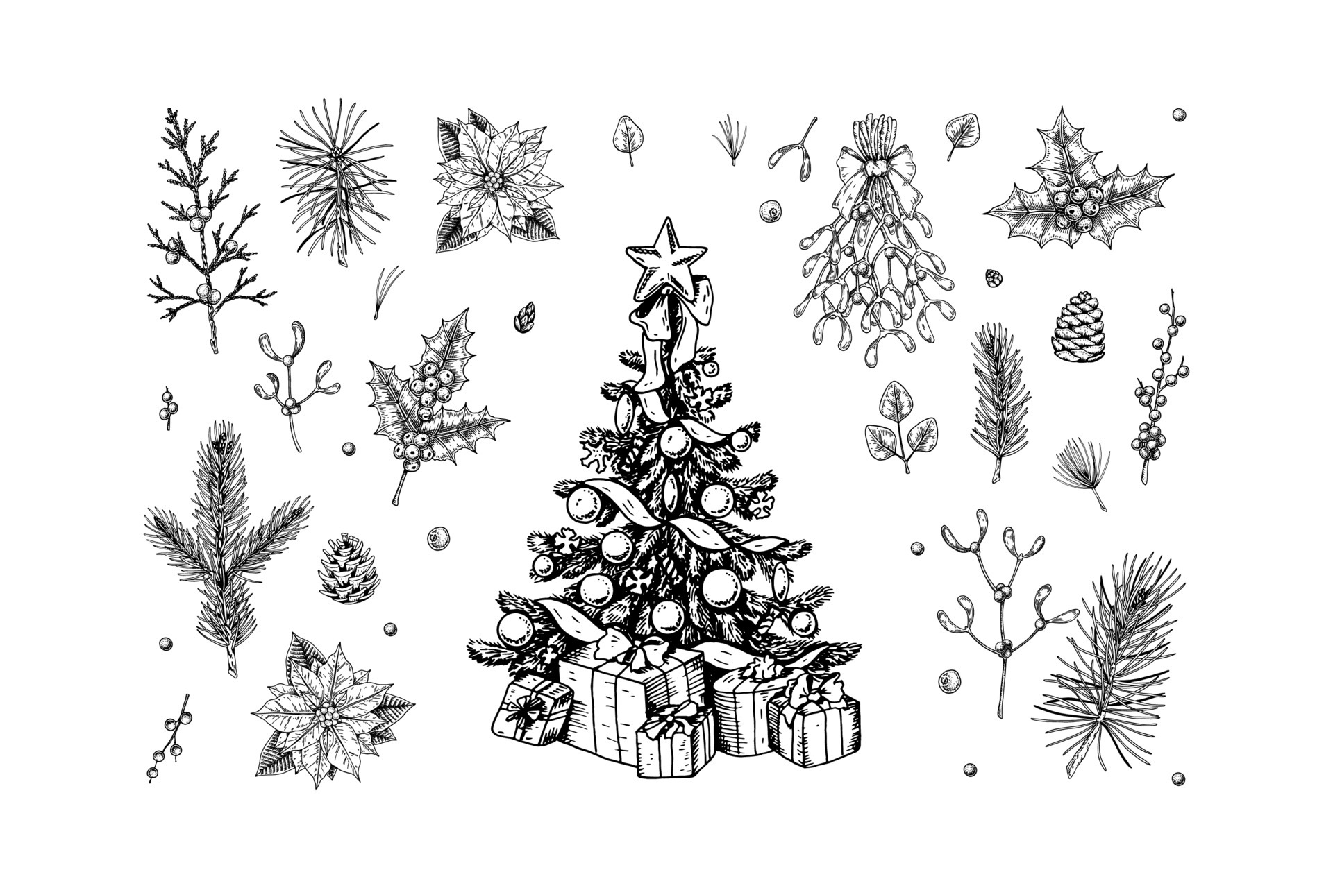 Set of hand drawn decorated Christmas tree, plant branches, cones and
