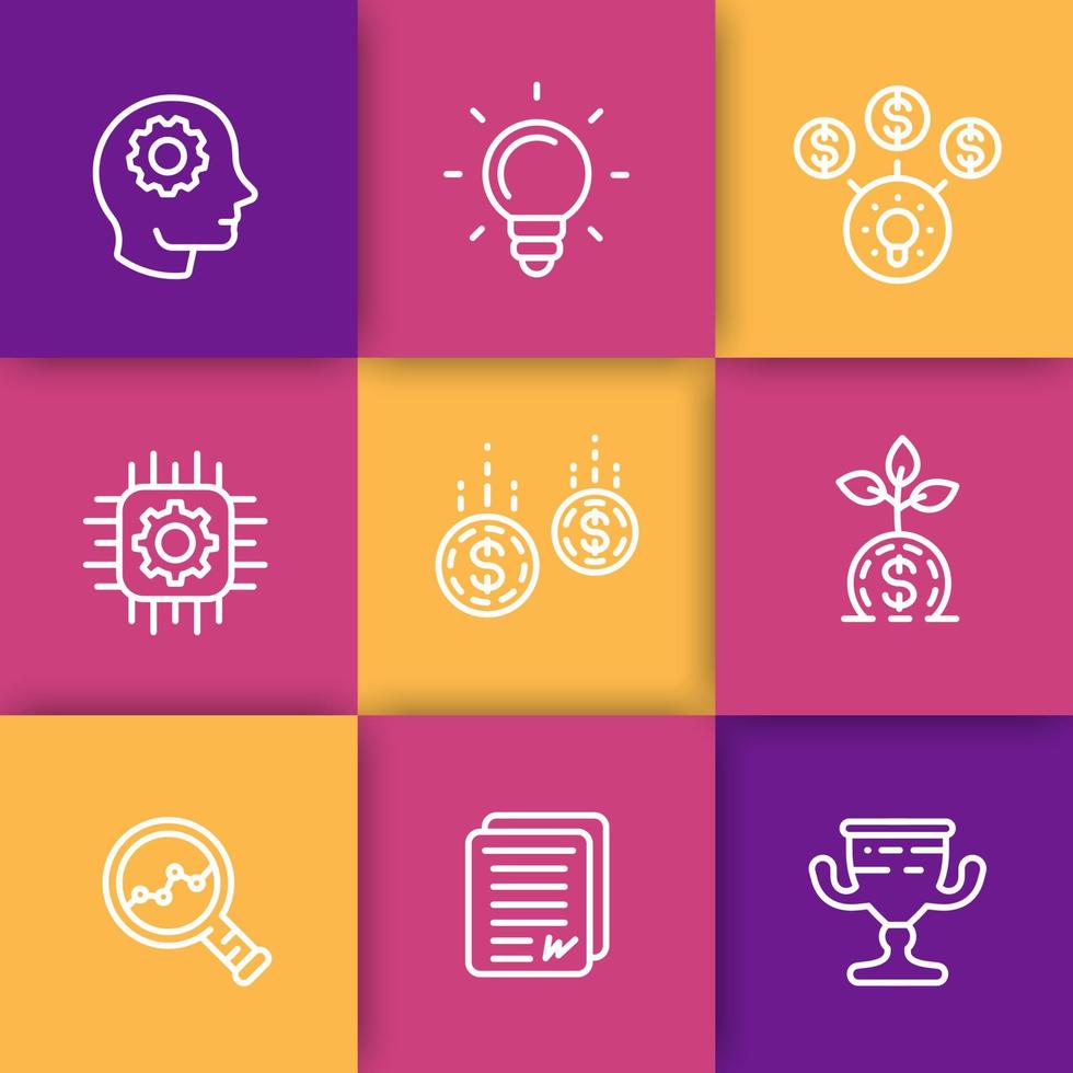 startup line icons, creative process, idea, initial capital, funding, innovation, crowdfunding vector
