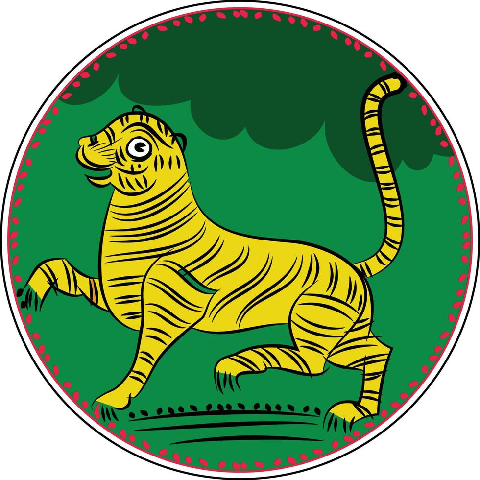 Tiger drew in Ganjfa style. Ganjifa is a traditional game of cards that has over a period of time, evolved into an art form. folk art from Maharashtra, India textile printing, logo, wallpaper vector