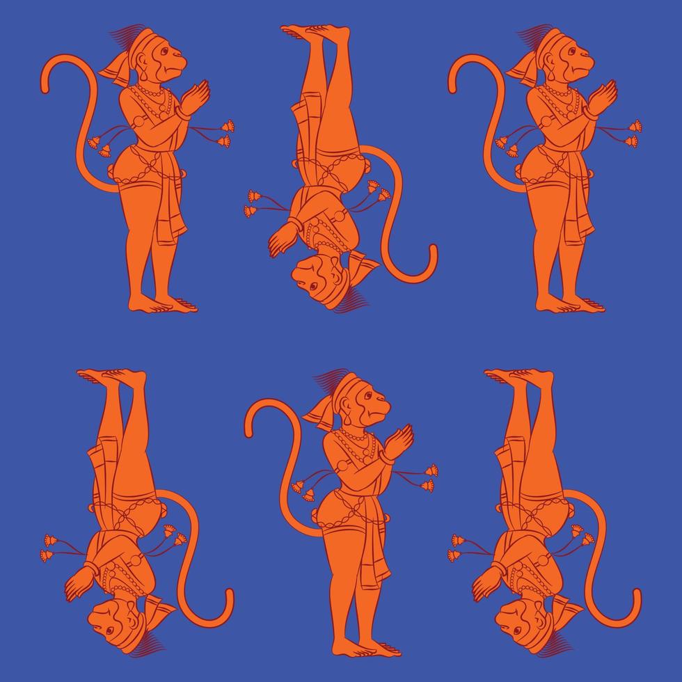 Monkeyface god of power, lord Hanuman and his servants or Sevak as they are called. in Indian folk art Pinguli style. for textile printing, logo, wallpaper vector