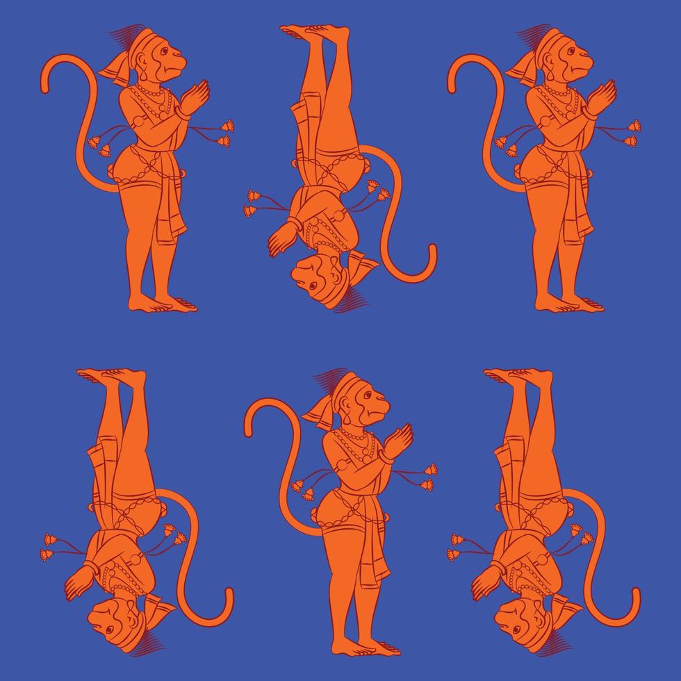 cara de mono dios del poder, señor hanuman y sus sirvientes o sevak como se les llama. en estilo pinguli de arte popular indio. para impresión textil, logo, papel pintado vector