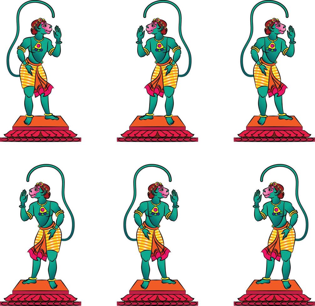 cara de mono dios del poder, señor hanuman y sus sirvientes o sevak como se les llama. en estilo pinguli de arte popular indio. para impresión textil, logo, papel pintado vector