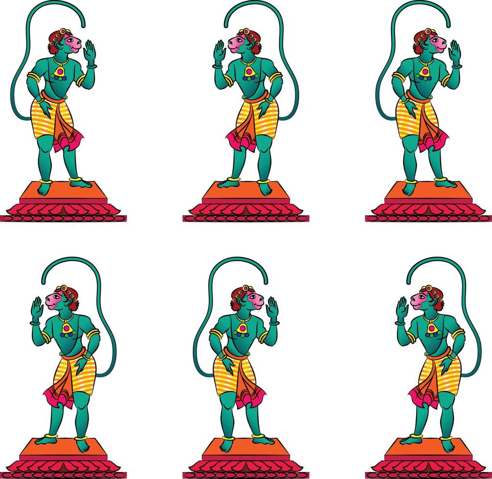 Monkeyface god of power, lord Hanuman and his servants or Sevak as they are called. in Indian folk art Pinguli style. for textile printing, logo, wallpaper vector