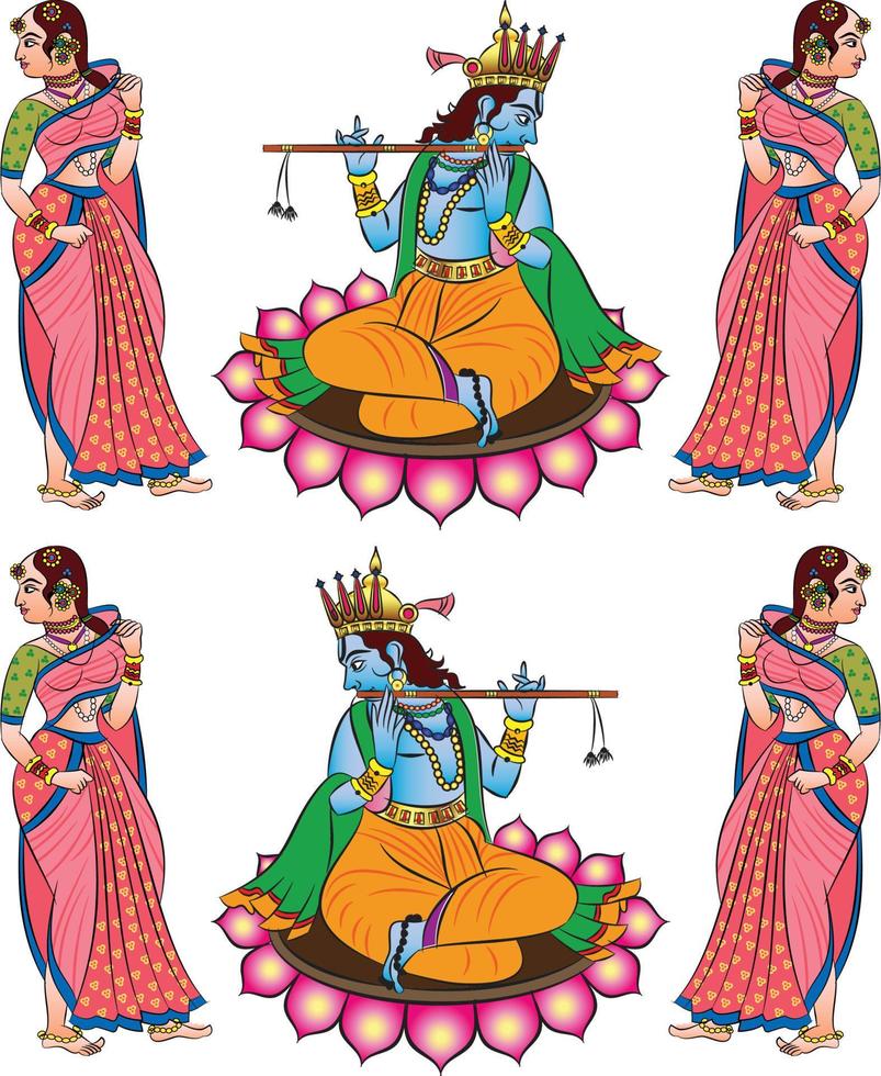 Lord Krishna and Lord Rama the Hindu gods, and their Sevika or servants playing the flute. sitting on a lotus. for textile printing, logo, wallpaper vector