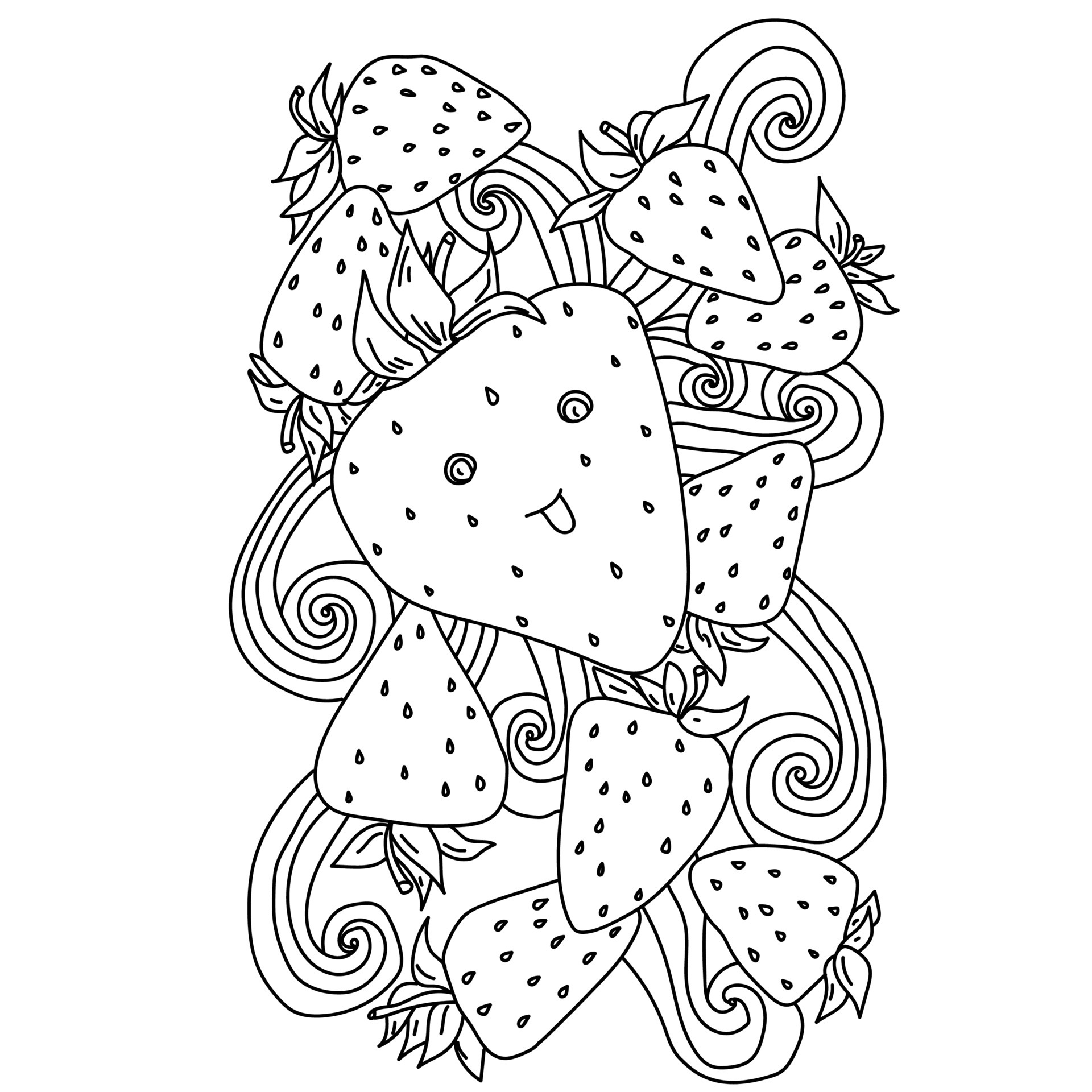 Cute smiling strawberry between wavy patterns and silhouettes ...