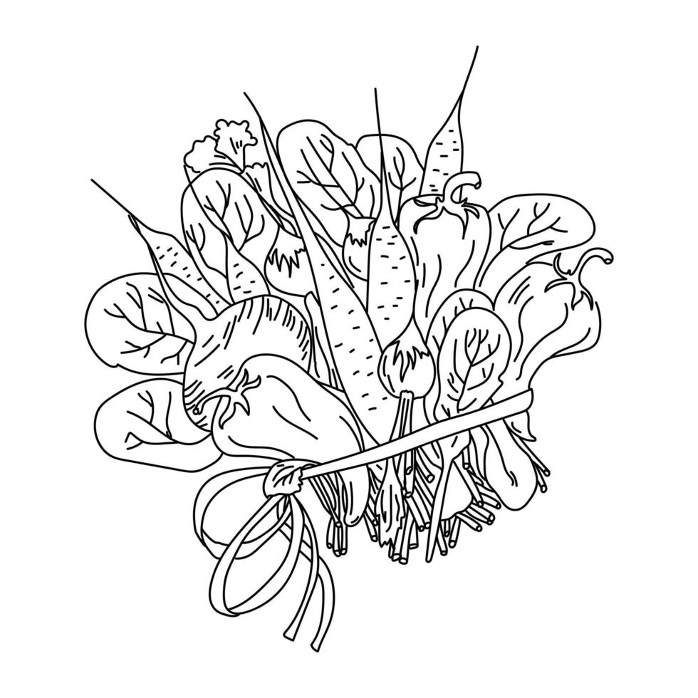 un ramo de verduras atadas con una cinta fina, raíces y hierbas en la composición, un boceto de contorno de la cosecha vector