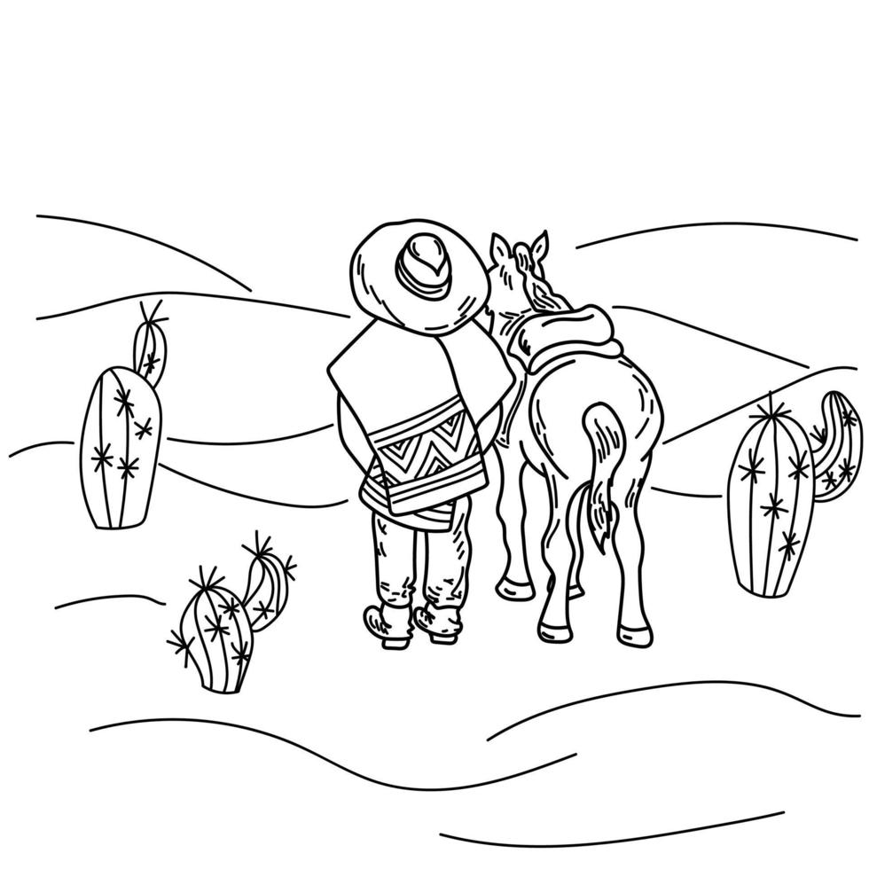 Rider and horse in the desert among cacti, rear view of cowboy and horse, wild southwest desert coloring page vector