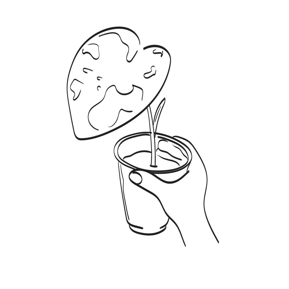 line art hand holding elephant ear plant in flower pot illustration vector isolated on white background