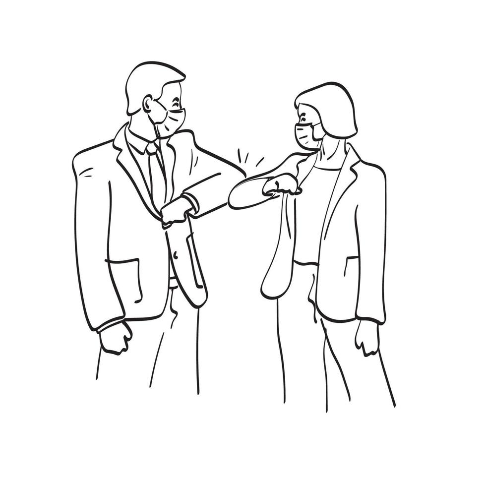 businesspeople elbow bumping while greeting each other in the office during COVID-19 epidemic illustration vector isolated on white background line art.