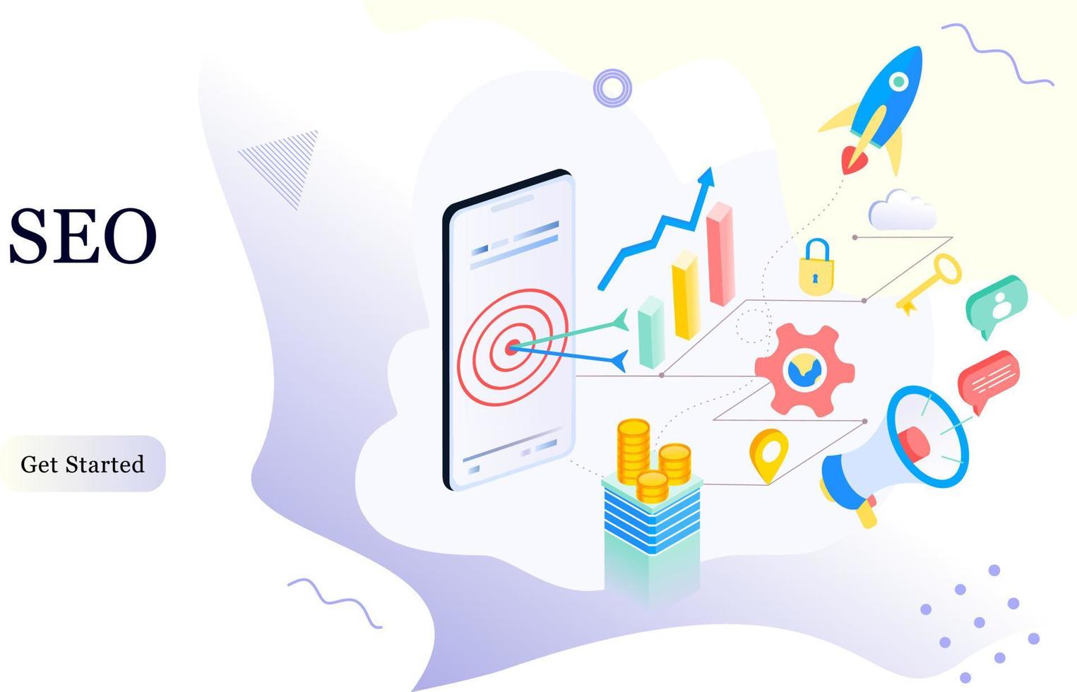 Landing page of SEO Search Engine Optimization modern flat design isometric template. Conceptual SEO analysis and optimization, SEO strategies and marketing concept vector illustration for web site.
